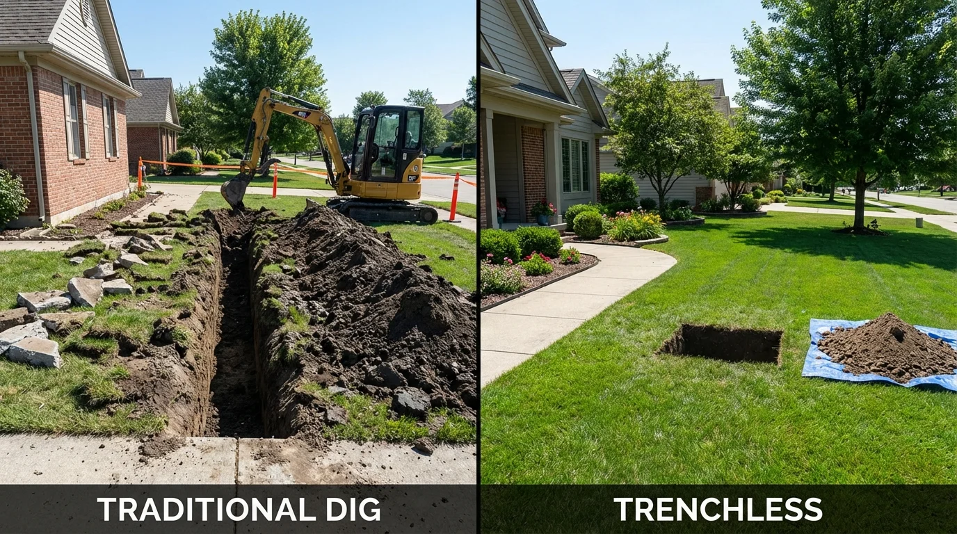 Trenchless sewer repair with minimal yard damage versus traditional excavation in Washington, KS