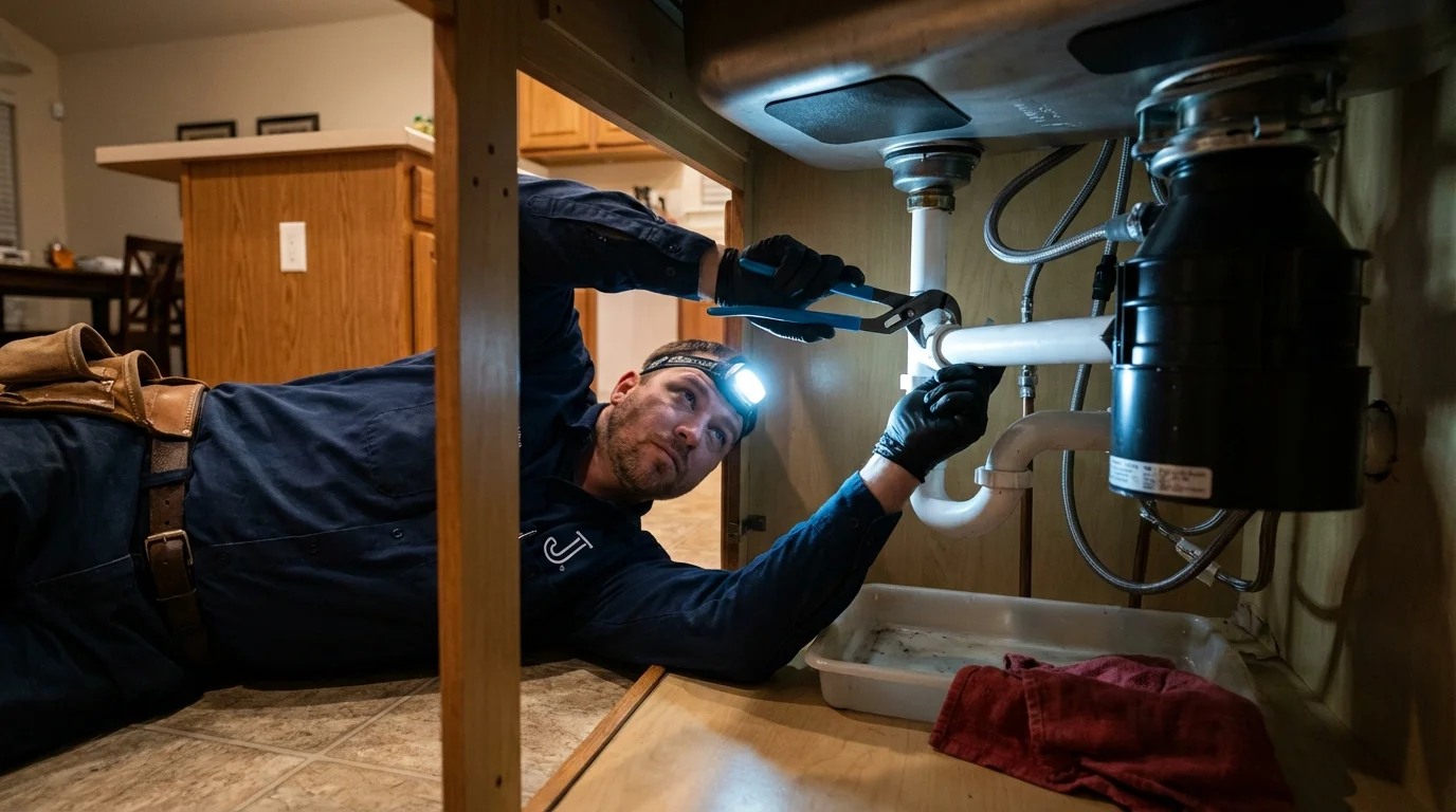 P-trap and supply line connections under a kitchen sink showing a common leak point in Washington, KS